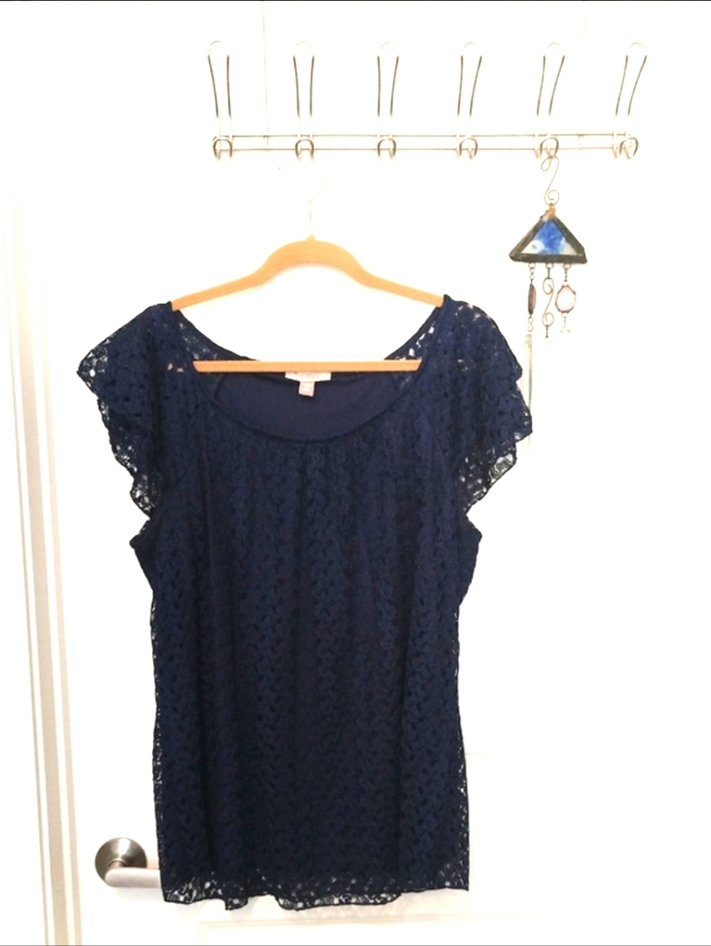 Roz & Ali Women's 1X Navy Lace Flutter Sleeve Blouse